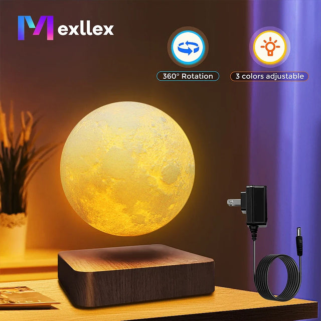 Levitating moon lamp floating above its magnetic base
